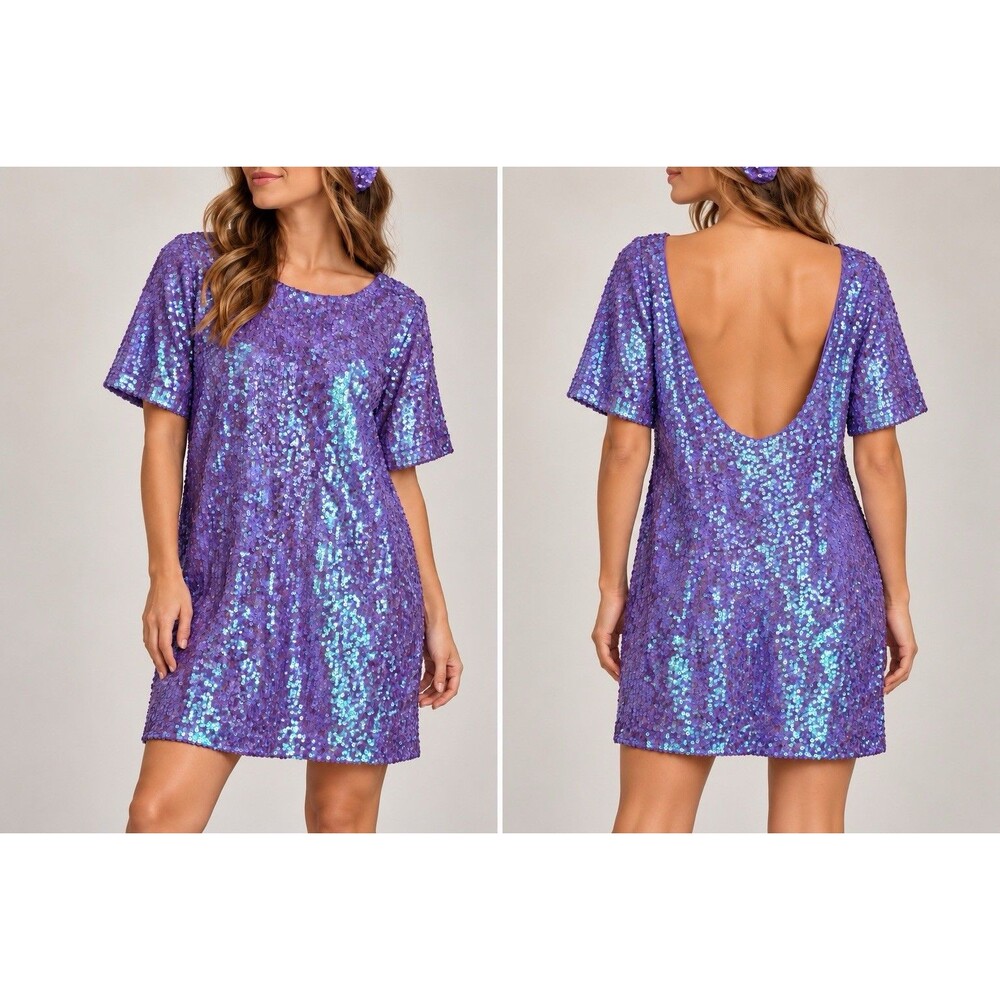 Purple (S) Iridescent Sequin Mermaid Disco Shift Mini Dress Matching Headband